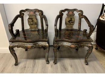 Pair Of Asian Chinoiserie Black Lacquered Armchairs James Mont Horseshoe Style