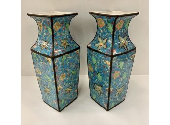 Pair Of Stunning Asian Turquoise Enamel Vases Urns