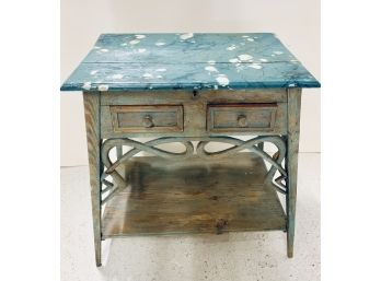 Antique Rustic Turquoise Hand Painted Two Drawer Table