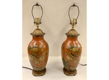 Pair Asian Orange Porcelain Lamps With Birds And Flowers