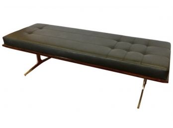 Bernhardt Signed Sleek Black Leather And Mahogany Bench Chaise Lounge Settee Daybed
