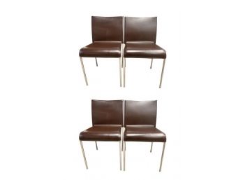 Set Of 4 Brown Leather Dining Chairs With Zippered Bottoms A La Bellini By Potocco Italy