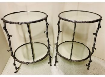 Pair Of Round Mirrored Tiered Silver Metal Faux Twig Tables
