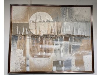Mid Century Modern Original Abstract Sailboats Signed Painting By The Artist Ferrante