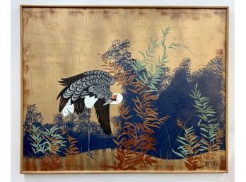 Mid Century Lee Reynolds Signed Chinoiserie Gold Crane Painting Listed Artist