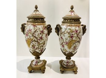 Exquisite Porcelain And Bronze Covered Urns With Figural Rams Head Handles
