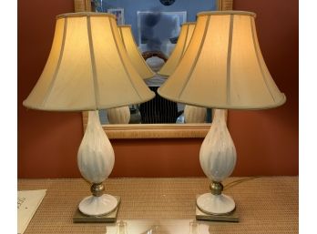 Pair Of Vintage White Porcelain And Gold Table Lamps With Shades