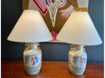 Pair Of Vintage Asian Famille Rose Porcelain Chinoiserie Table Lamps