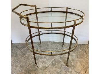 Vintage Mid Century Modern Two Tier Oval Brass Rolling Bar Cart