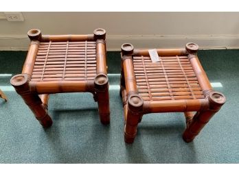 Asian Chinoiserie Low Bamboo Rattan Benches Stools