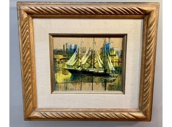 Mid Century Modern Original Signed Boat Painting By Moss