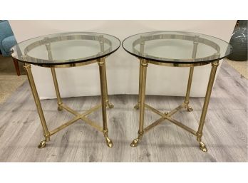 Magnificent Pair Of Maison Jansen Style Brass Glass End Tables Hoof Feet!