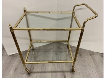Vintage Mid Century Modern 1970s Two Tier Faux Bamboo Brass Rolling Bar Tea Cart