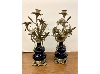 Antique Porcelain And Bronze Cobalt Blue Candleholders