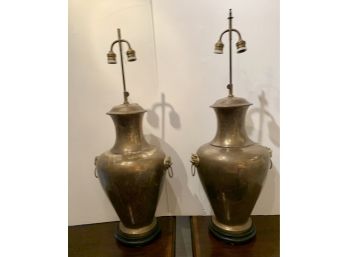 Pair Of Patinated Brass Lamps With Foo Dogs