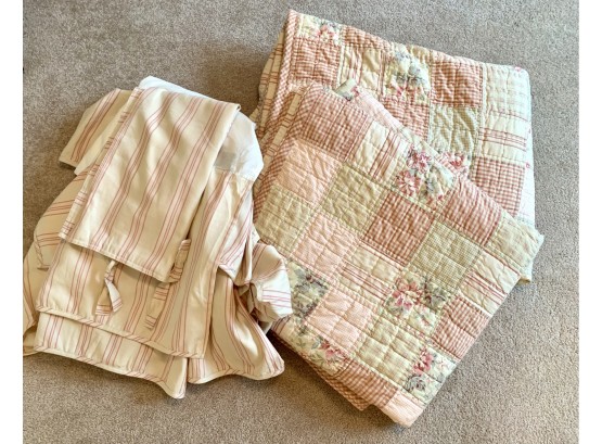 Set Of Twin Size Pink Patchwork Quilts, Bedskirts, Shams