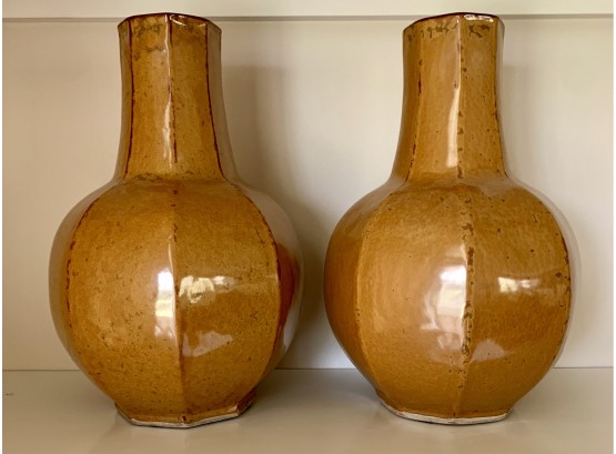 Pair Of Large Mid-Century Modern Chinoiserie Chinese Glazed Ceramic Urns
