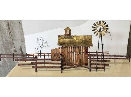Signed Curtis Jere Mid-Century Modern Brutalist Metal And Brass Barn Wall Sculpture