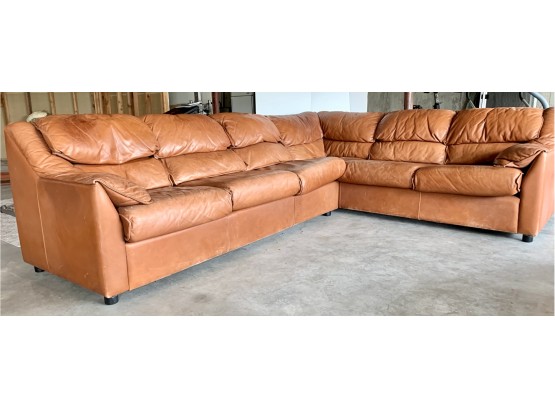 Sleek Maurice Villency Saddle Leather Two-Piece Sectional Sofa Mid Century Style
