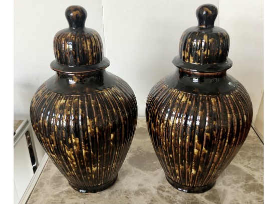 Pair Brown Glazed Ceramic Temple Urns Tortoiseshell Finish