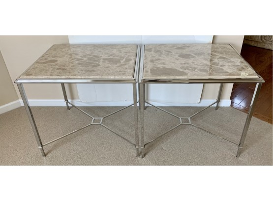 Pair Of Contemporary Faux Marble & Chrome Designer Occasional End Tables