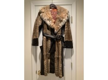 Vintage Ladies Leather And Lynx Collar  And Fox Mink  Belted Coat With Pucci Lining Size Small