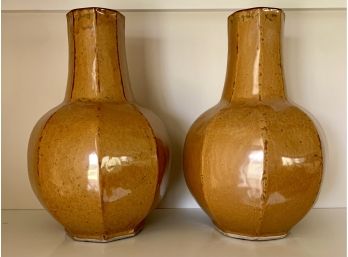 Pair Of Large Mid-Century Modern Chinoiserie Chinese Glazed Ceramic Urns