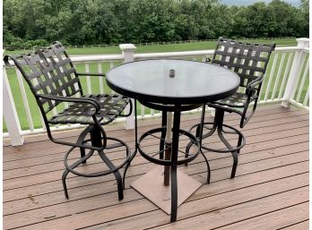 Outdoor Three Piece Bistro Bar High Top Table And Matching Swivel Chairs And Sunbrella