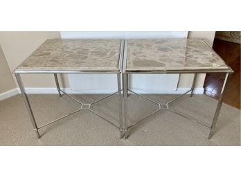 Pair Of Contemporary Faux Marble & Chrome Designer Occasional End Tables