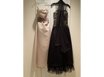 Two Evening Gowns, Gold Satin & Black Beaded Lace
