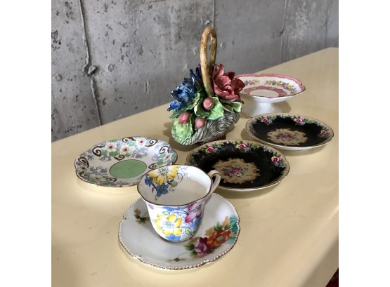 Porcelain Flowers With Plates And Tea Cup