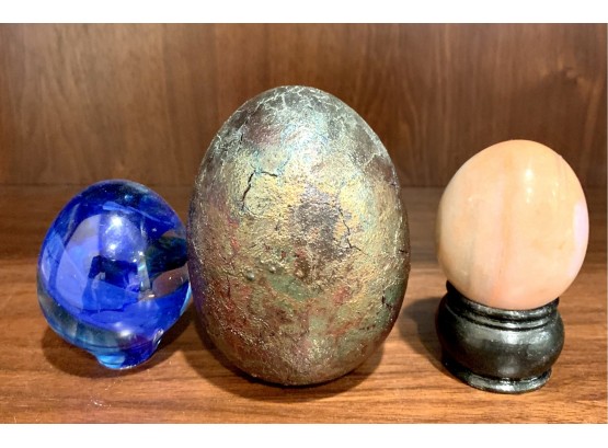 Set Of 3 Eggs, Marble, Glass Paperweights