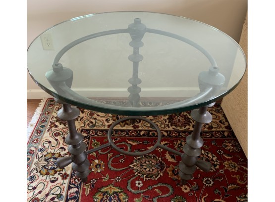 Brutalist Style Round Glass And Metal End Table