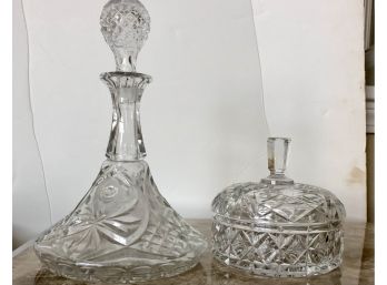 Exquisite Vintage Cut Glass Decanter And Candy Dish