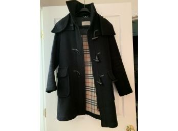 Ladies Burberry Black Wool Coat, Tartan Lining  With Toggles Made In England