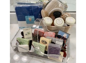 Gift Basket Of Bathroom Soaps And Bath Items Including Three Bvlgari Soaps