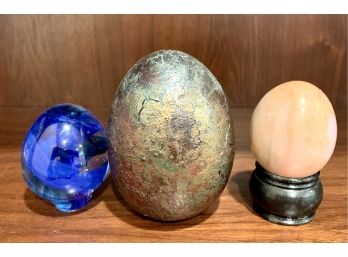 Set Of 3 Eggs, Marble, Glass Paperweights