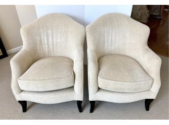 Timeless Pair Of Designer Cream Colored Upholstered Arm Chairs