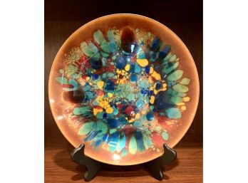 Decorative Fused Art Glass Plate Signed On Stand