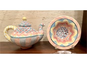 MacKenzie Childs Hand Painted Teapot And Bowl