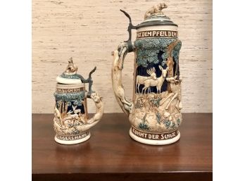 Beautiful Antique Germany Lidded Beer Steins Mugs Glazed Ceramic