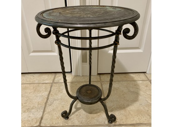 Designer Round Wrought Iron Table With Metal Compass Themed Top