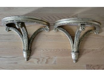 Pair Of Carved Silver Leaf Wall Brackets Shelves