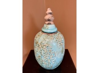Unusual Turquoise Ceramic Covered Jar Urn