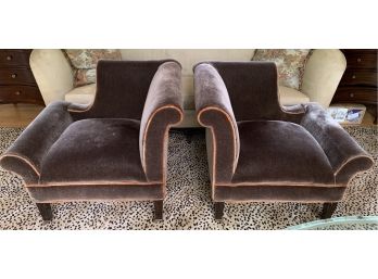 Pair Of Century Furniture Brown Mohair Scroll Armchairs