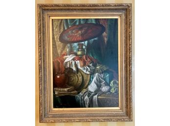 Large Signed Still Life Oil Painting With A Chinese Parasol