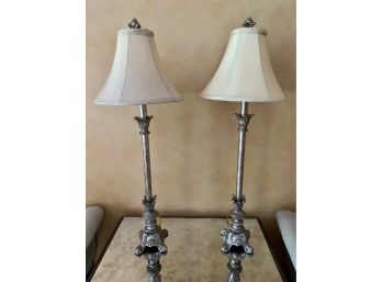 Pair Of Silver Buffet Lamps With Carved Detail