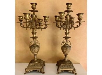 Pair Of Ornate Brass Candelabras
