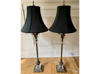 Pair Of Silver And Crystal Buffet Lamps Black Shades