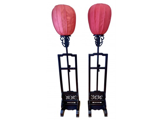 Pair Of Matching Asian Chinoiserie Rosewood Floor Lamps